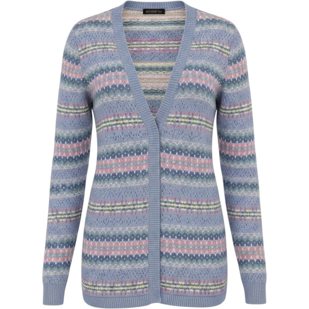 Lizsport Vintage‎ Fair Isle Cardigan Sweater Blue Pastel Cotton Knit USA Made M